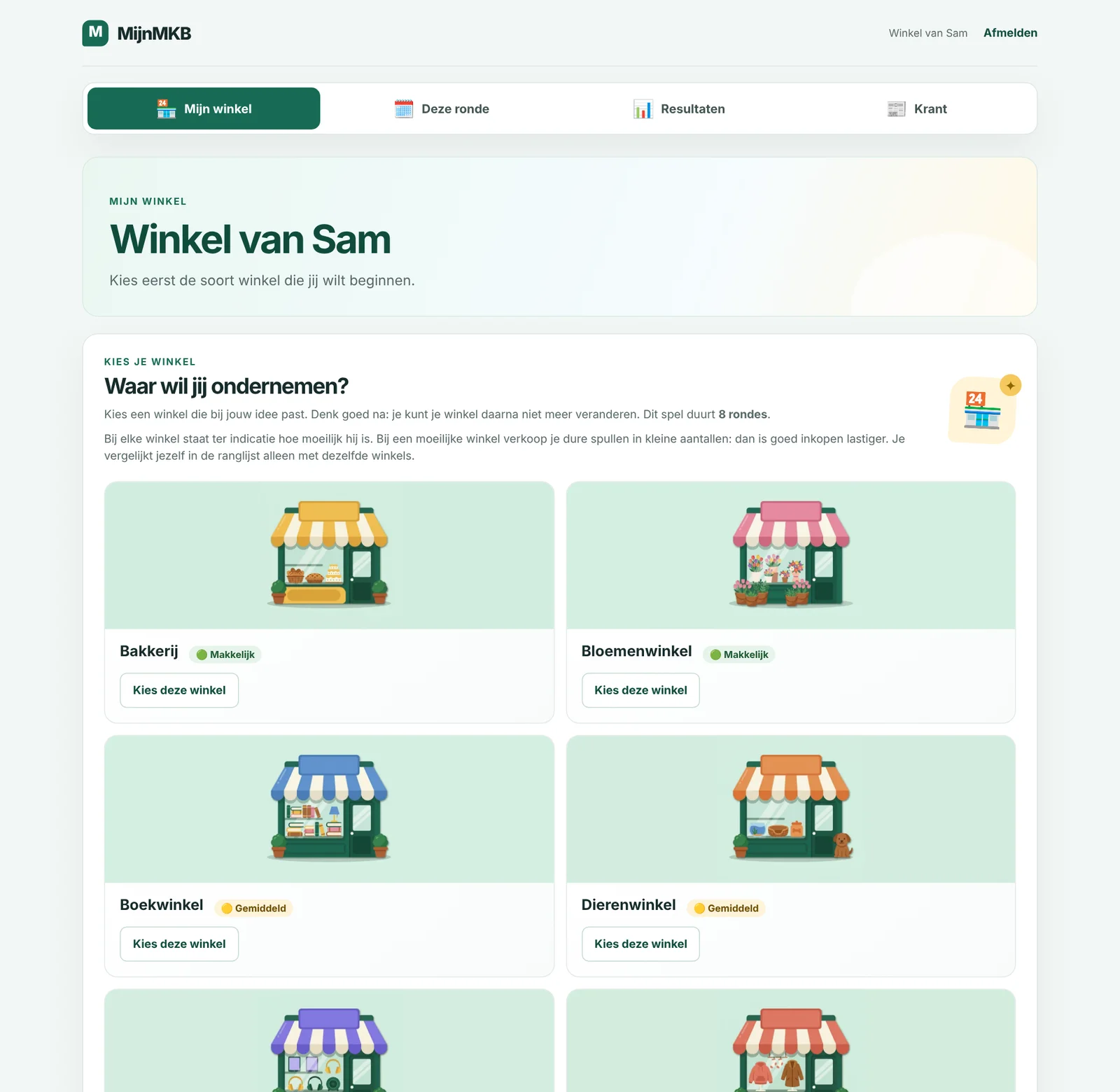 Scherm 'Waar wil jij ondernemen?' met illustraties van winkels, elk met een label makkelijk, gemiddeld of moeilijk.