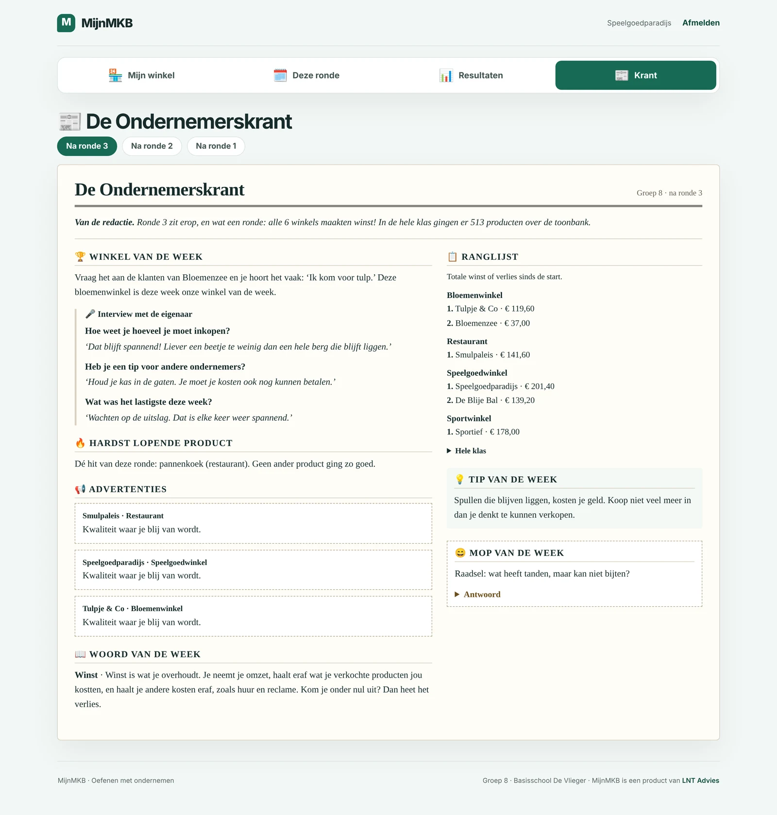Klassenkrant 'De Ondernemerskrant' met de winkel van de week, het best verkochte product, advertenties en een ranglijst.